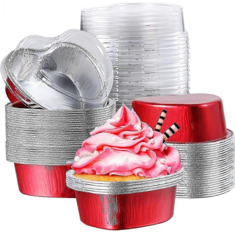 25-26 100 pièces Moule à gâteau/cupcake en forme de cœur rouge Saint-Valentin avec couvercles Moules à cupcake jetables pour flan et tarte (1/4)