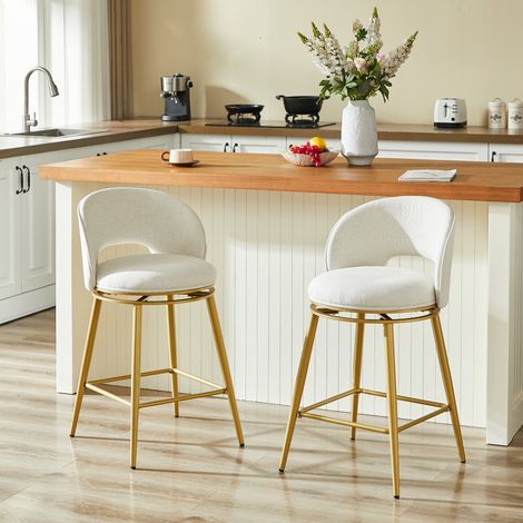 Tabouret de bar en tissu beige, pivotant 360°, structure métal doré, dossier ergonomique,56×53×92cm (1/5)