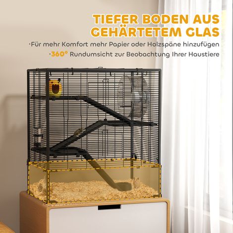 Cage à hamster avec fond en verre, enclos à 4 niveaux avec abri et accessoires, 78,5 x 48,5 x 80 cm, noir (1/5)