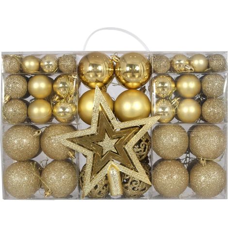 Lot de 101 décorations de sapin de Noël - Étoile à paillettes et 100 boules avec emballage - Décoration de Noël pour l'intérieur et l'extérieur - Barres de traction en plastique - Doré - Taille (1/4)