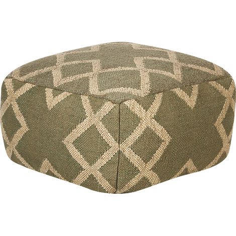 Puf de yute verde oliva beige 50 x 50 cm lana hecho a mano patrón geométrico Gopi