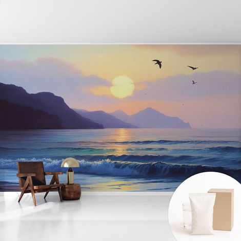 Papier peint intissé classique moderne pour salon et chambre à coucher Décoration rapide avec colle Coucher de soleil sur la mer 416x254 cm (1/5)