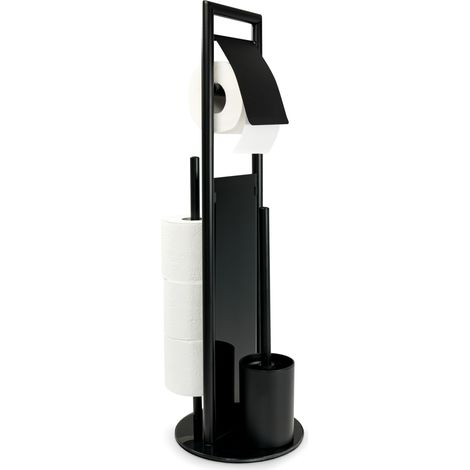 Wenko – Combiné WC 3en1 noir – Dérouleur papier toilette, brosse WC, range rouleaux jusqu'à 3 – Acier inox et verre trempé – 20x70 cm (1/5)