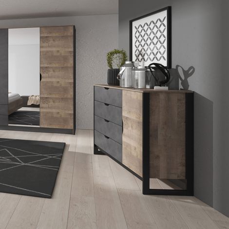 Casa Baoli – Commode enfant 4 tiroirs 1 porte 138 cm – Coloris chêne vieilli et gris – Panneaux stratifiés résistants aux rayures – Meuble à monter soi-même (1/4)