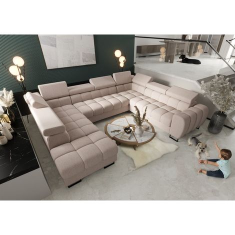 Wohnlandschaft Schlafsofa BASTIEN XL in Stoff Gemma Creme Ottomane Links