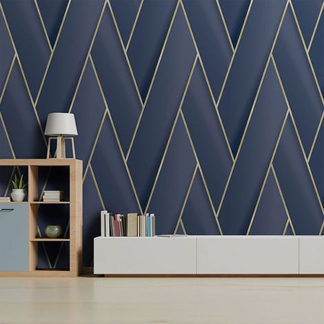 Papier peint géométrique bleu d'or 53cm – Papier intissé de qualité – Longueur 10m – Pose facile avec colle directe – Hxadeco (1/4)