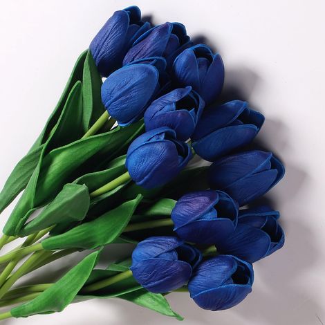 Bouquet de 12 tulipes artificielles en latex, fleurs artificielles, adaptées à la maison, aux mariages, aux fêtes, au bureau et aux compositions florales, bleu foncé (1/5)