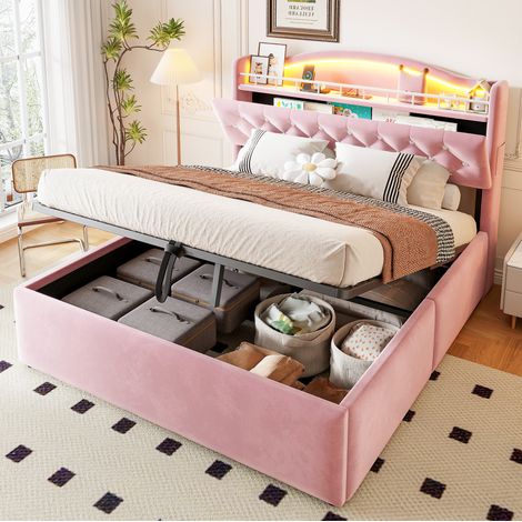 Cama tapizada 140/200 cm rosa con arcón hidráulico, USB y USB-C y cabecero con almacenaje (1/5)