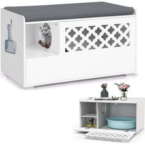 COSTWAY Katzenschrank für Katzentoilette, 4 in 1 Katzenhaus Schuhbank Beistelltisch, Katzenhöhle mit Eingang & Haken & abnehmbarem Kissen, Katzenklo Schrank Katzenmöbel, Katzen Hunde Haustier, Weiß