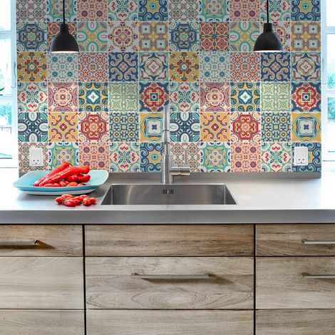 Sticker Mural Carrelage adhésif Cuisine Salle de Bain - 30 STICKERS CARREAUX DE CIMENT AZULEJOS JAEL - 30stickers15x15cm (1/5)