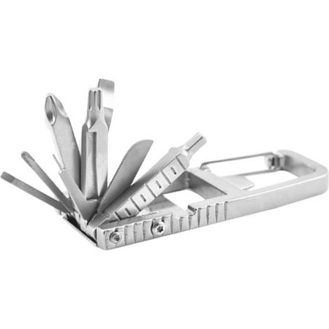 Outil multifonction 12 en 1 avec embouts de tournevis cruciforme, hexagonal et étoile, ouvre-bouteille, décapsuleur et extracteur de cartes, en acier inoxydable pliable. (1/5)
