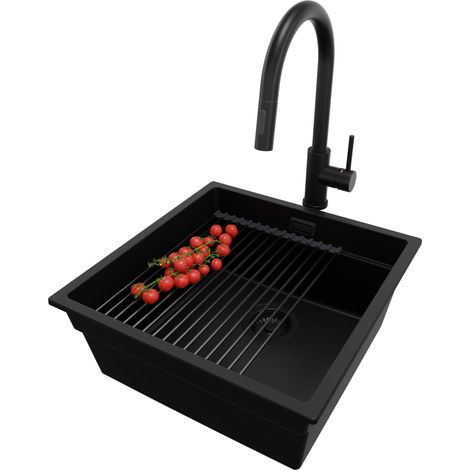 PRIMAGRAN Evier Cuisine en Granit 46x47cm, Lavabo 1 bac + Kit de Vidage + Accessoire, Évier à Encastrer au meuble 50cm - Prague Slim, Tout Noir (1/5)