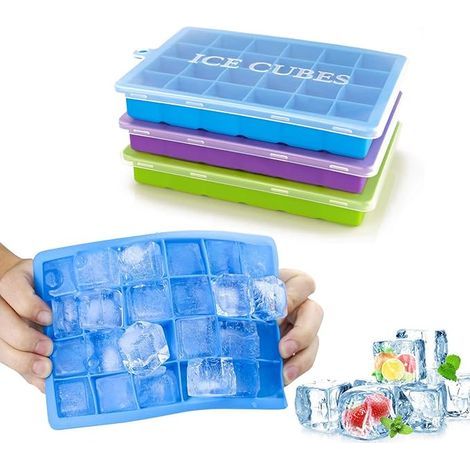 Lot de 3 bacs à glaçons en silicone avec couvercle amovible. Démoulage facile. Moules à glaçons flexibles (24 glaçons par bac) pour cocktails, whisky, purées pour bébé, chocolat. Sans BPA, certifiés L (1/5)