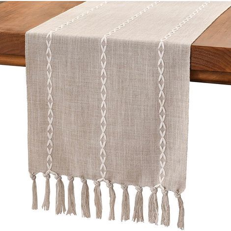 1 Chemin de table, 33x183 cm, mélange polyester chanvre, motifs tissés, beige, intérieur extérieur (1/5)