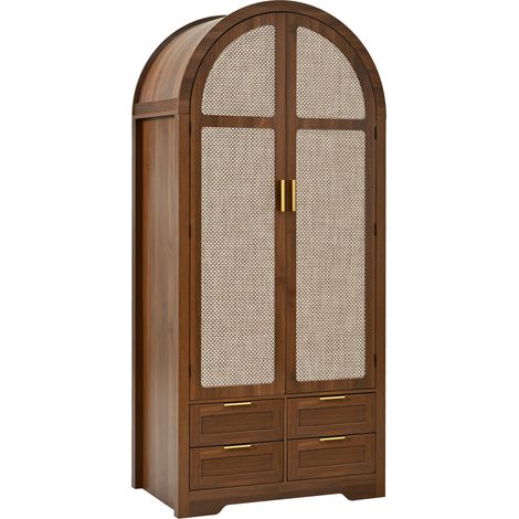 Armadio moderno con ante curve in rattan, 4 cassetti e asta appendiabiti MDF noce (1/5)