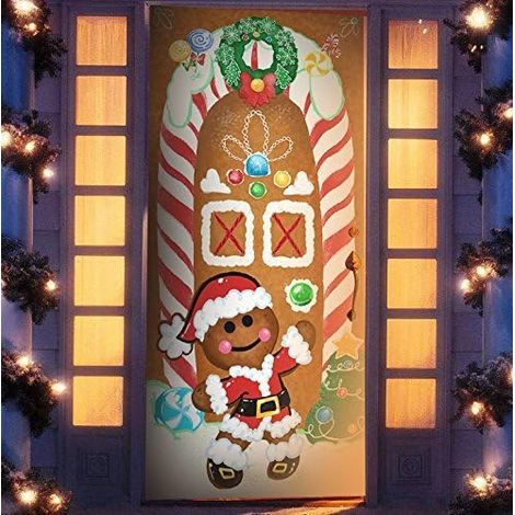 Couverture de porte de Noël en pain d'épice pour fenêtre, porte d'entrée, porche, village, décoration de Noël, intérieur et extérieur, vacances, décoration de maison d'hiver (183 x 76,2 cm, 1 (1/5)