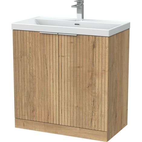 Callingwood Contemporary Floor Standing 2 Door Vanity Unit with Thin-Edge Ceramic Basin , 800mm, Autumn Oak (1/4)