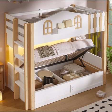 Lit superposé 90x200 cm style maison, coffre hydraulique, LED et échelle réversible (1/5)
