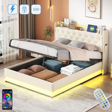 Letto contenitore capitonnato 140x200 cm, con illuminazione LED, spazio di deposito idraulico, funzione di ricarica USB tipo C, sommier a doghe, letto matrimoniale in lino - Beige