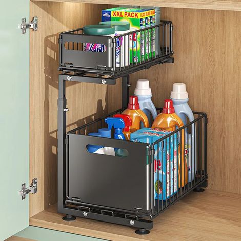 Rangement sous Évier à 2 Étages avec Tiroir Coulissants,Etagere sous evier,Organisateur sous Évier Cuisine en Forme de L Rangement et Organisation de Cuisine en Métal pour Salle de Bain