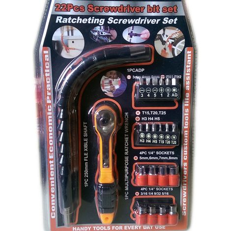 Trade Shop - Kit Juego 22 Pzas Destornillador Torx Puntas Vasos Carraca Y Flexibles -