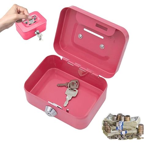 Small Cash Box, Cash Box, 11.5 x 8.5 x 5.8 cm, Steel Money Box with Coin Slot, Safe, with Key Lock (Pink) (1/5)