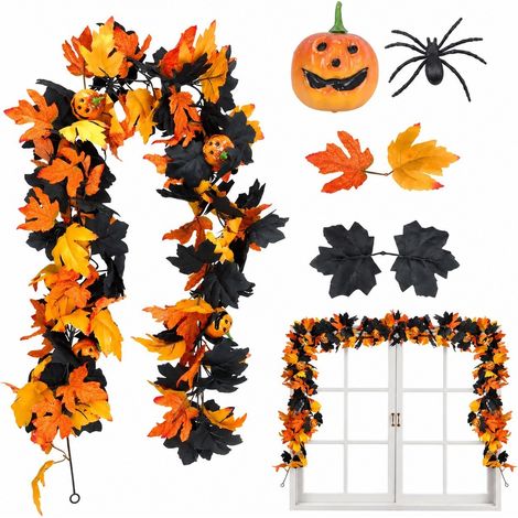 Guirlande de citrouilles d'Halloween avec feuilles et lianes, couronne flexible pour intérieur, extérieur, porche, cheminée (1/5)