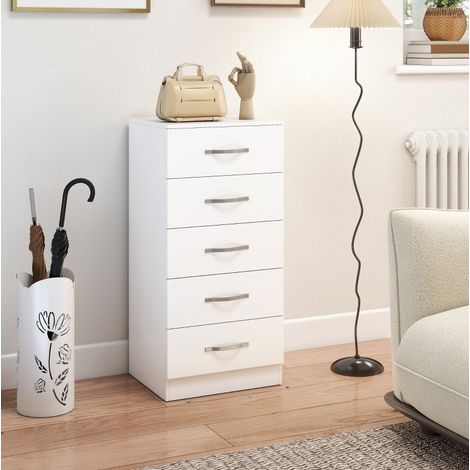Cómoda de 5 cajones 40 x 35 x 85 cm en tablero de partículas blanco con tiradores plateados REDOM (1/5)
