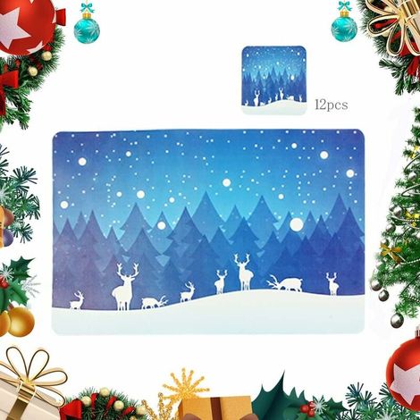 12PCS Tapis de Table de Noël,Napperon de Noël,Napperon Décoration,Tapis de Table a Manger,Set de Table Noel Rouge,Tapis de Table Rectangulaire PVC (Bleu),- Lefou (1/5)