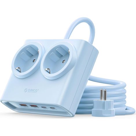 Multiprise Rallonge, 2 Prises avec 4 USB (2 USB-C)  Fiche Ultra-Mince, Câble 1.6m, 2500W Max pour Maison/Bureau, Bleu (1/5)