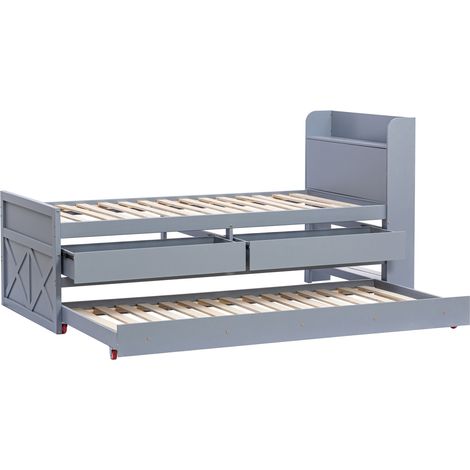 Cama individual de madera gris 90 x 190 cm con cama nido, almacenaje y puerto USB (1/5)