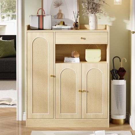 Meuble à chaussures 90 x 35 x 110 cm, armoire d’entrée rotin avec 1 tiroir, 3 portes et étagères réglables, panneaux et MDF, Bois naturel