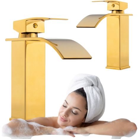 Mitigeur lavabo moderne Silla, robinet salle de bain en laiton, bec cascade, design élégant, Doré (1/5)