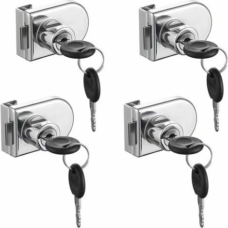 (4 cylindres de serrure, 8 clés) Serrure de porte en verre en acier inoxydable chromé, facile à installer sans perçage. (1/5)