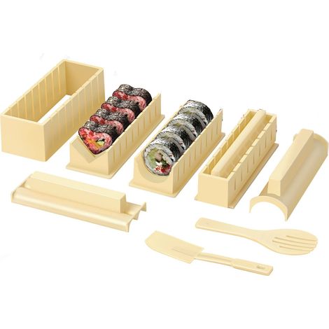 Kit complet pour sushis - 12 pièces - Outils pour la confection de sushis avec 8 moules à sushis de formes différentes - Blanc cassé (1/5)