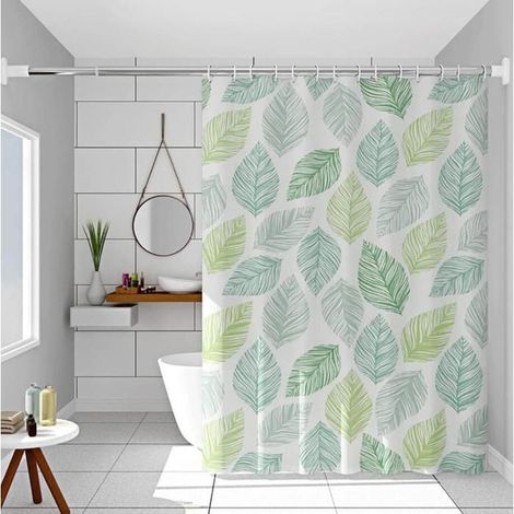 Rideau de douche 200x200 cm, feuilles vertes, PEVA imperméable, avec crochets, séchage rapide. (1/5)