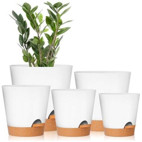 Ensemble de 5 pots de fleurs blancs à arrosage automatique de 7/6,5/6/5,5/5 pouces avec trous de drainage, pots de fleurs en plastique, adaptés à toutes les plantes d'intérieur (1/5)
