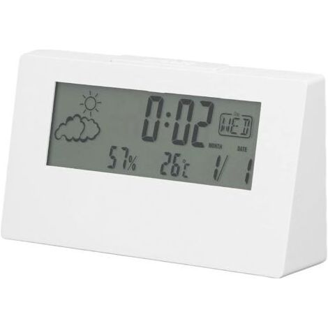(Blanc)Réveil numérique, Horloge de Chevet Horloge électronique de Bureau avec lumière LCD Heure Date température humidité Affichage Fonction Snooze (1/5)