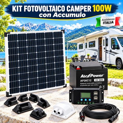 Kit Fotovoltaico Camper con Accumulo AlcaPower 100W Batteria 12V 26Ah e Regolatore PWM 10A