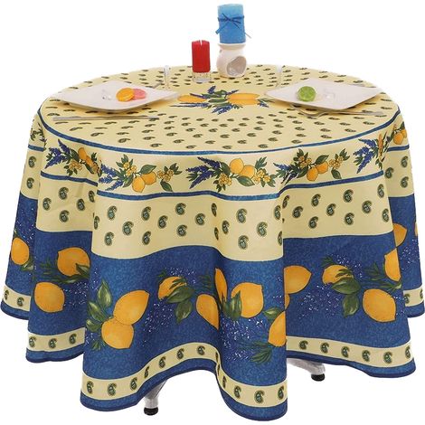 Nappe Provençale Ronde Anti-Tâche 100% Polyester - Citron - bleu