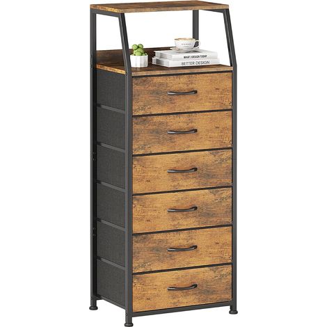 Table de Chevet, Commode pour Chambre à Coucher, Meuble de Rangement Style Industriel Commode 6 tiroirs en Tissu Amovibles et 2 étagères - 41 x 29 x 127 cm - Bois et métal, Marron (1/5)