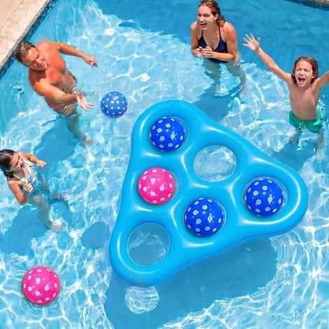 Kit de Jeux de Piscine - Bleu (triangle) - Jeu Flottant Tic Tac Toe & Flotteurs Gonflables - avec 6 Balles & Pompe à Air - Bicolore Réversible (1/5)