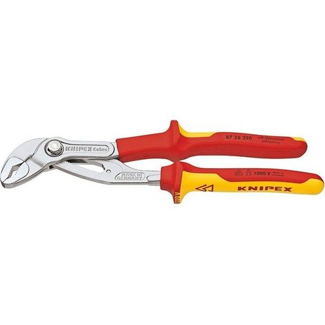 KNIPEX 87 26 250 Cobra® VDE Pinza regolabile di nuova generazione per tubi e dadi, isolata isolati con manici rivestiti in materiale bicomponente, collaudati VDE cromata 250 mm