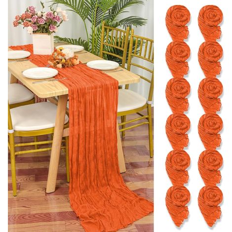 Lot de 12 chemins de table en gaze orange, 55x300 cm, tissu rustique pour mariage.