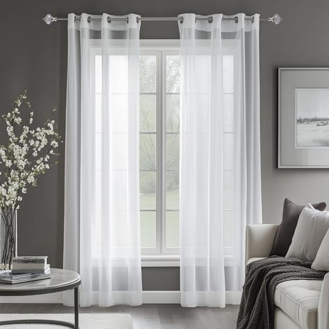 Lot de 2 Rideaux Voilages Blanc à Oeillets Effet Lin 140x240cm pour Salon Chambre Cuisine