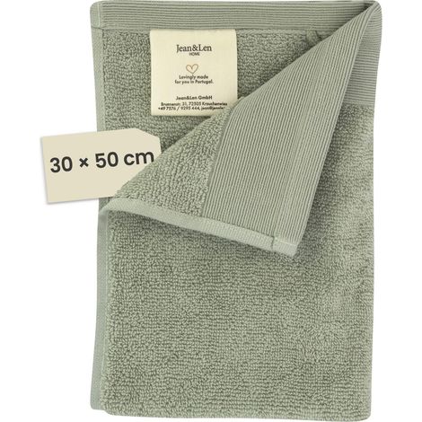 Serviette pour invités en coton biologique 100%, couleur sauge, avec crochet, étiquette en cuir vegan, serviettes pour invités 30 x 50 cm (1/5)