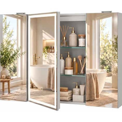 HOMCOM armario de baño con espejo LED, toma de corriente, de pared, 3 puertas, antivaho, estantes ajustables de vidrio templado, 100x13x70cm, blanco (1/5)