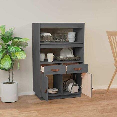 Buffet Bas de Cuisine en Bois Massif Pin, Meuble Rangement 67x40x108.5 cm, Gris, Style Moderne pour Salle à Manger et Salon (1/5)