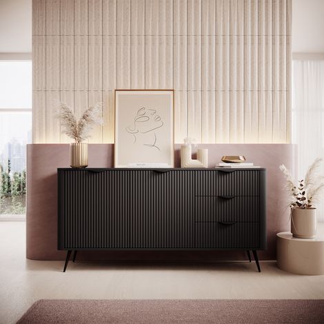 Aparador Halilala, Alacena 3 Cajones, 2 Estantes, Puertas Batientes, Corredera, 163x38x81h cm Negro (1/5)