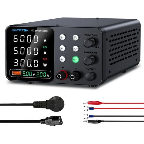 Alimentation de Laboratoire 60V 5A avec 3 Mémoires et clé de Verrouillage, Alimentation Stabilisée Réglable avec Protection OCP/Sorties/Charge Rapide USB/Affichage LED à 4 Chiffres